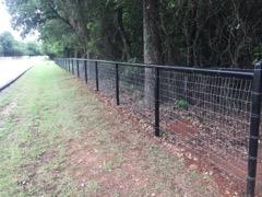 Black wire and rail ranch fence along a tree line near Decatur, TX